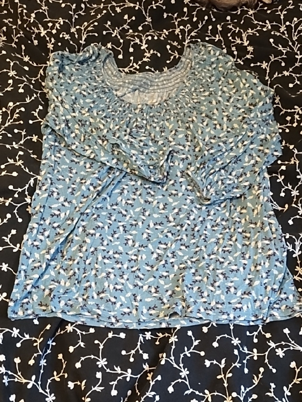 Blue Floral Smocked-Neck Long-Sleeve Blouse